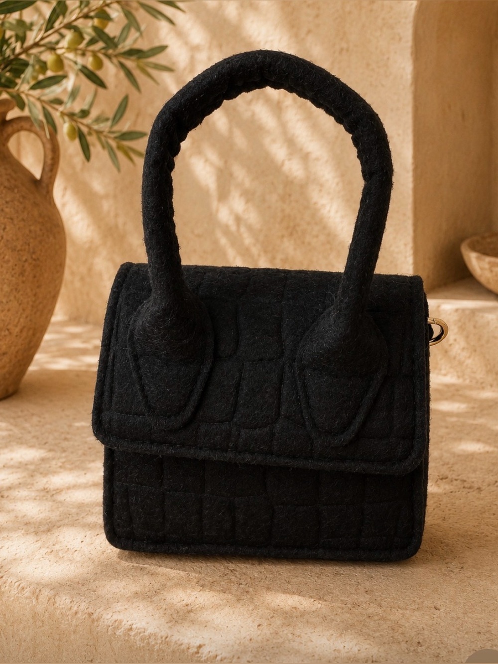 Women's Black Quilted Top Handle Mini Handbag Crossbody Chic Structured Purse